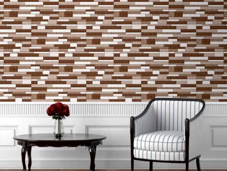 Stylish waiting area with brown-patterned wall, enhancing front elevation design.